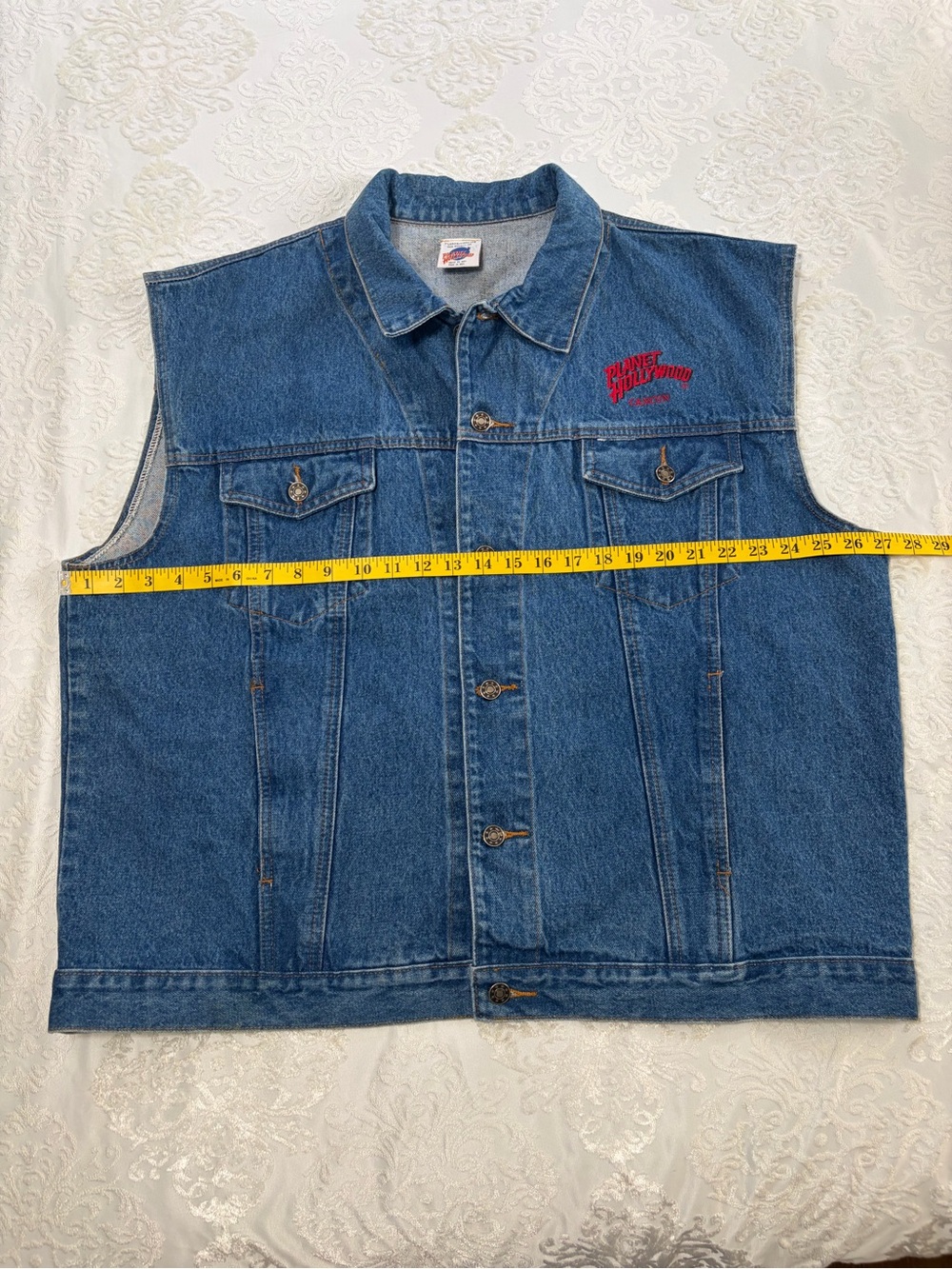 Vintage 90s Planet Hollywood Denim Trucker Vest Cancun Embroidered XL - Picture 7 of 10